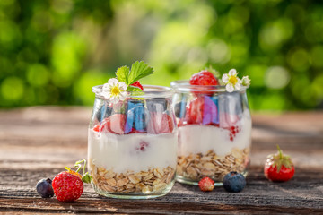 Oat flakes in jar with yoghurt and berries in garden