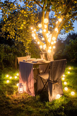 Romantic table for two in evening garden