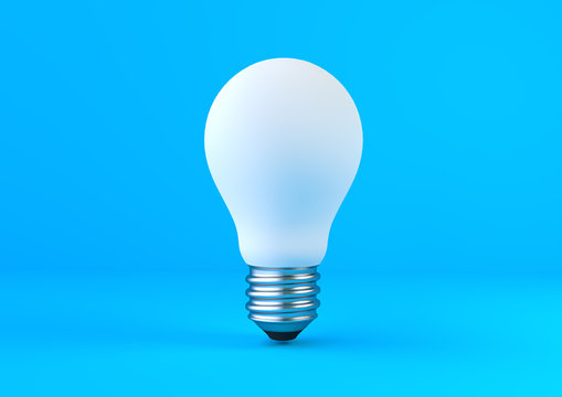 White light bulb on bright blue background in pastel colors. Minimalist concept, bright idea concept, isolated lamp. 3d render illustration