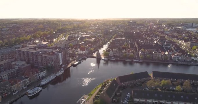 Aerial drone overview of the dutch canal in the historical inner city of Alkmaar