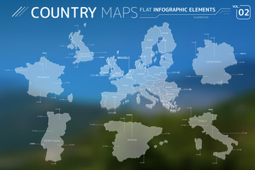 Europe, United Kingdom, France, Portugal, Spain, Italy and Germany Vector Maps