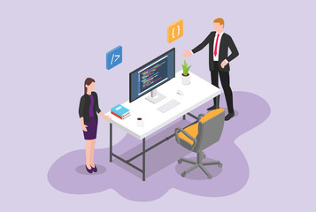 hire programmer or software developer vacancy concept with empty chair and work desk program with isometric - vector
