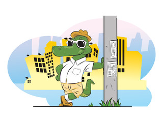 crocodile in city with glasses and hat vector illustration isolated cartoon background landscape