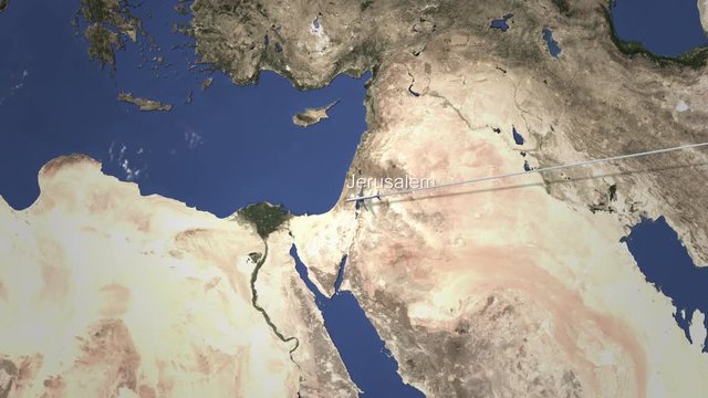 Route of a commercial plane flying to Jerusalem, Israel on the map. Intro 3D animation 
