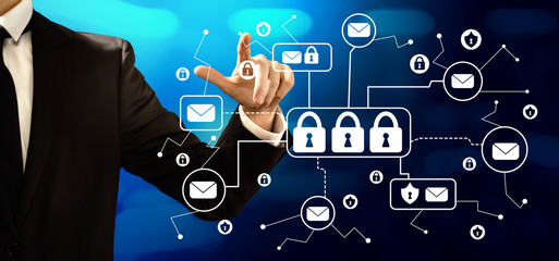 Email security theme with businessman on a dark blue background