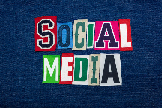 SOCIAL MEDIA Collage Of Word Text, Multi Colored Fabric On Blue Denim, Personal Online Presence Concept, Horizontal Aspect