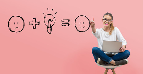 Good idea equals happy with young woman using her laptop