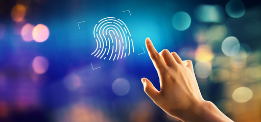 Fingerprint scanning theme with hand pressing a button on a technology screen