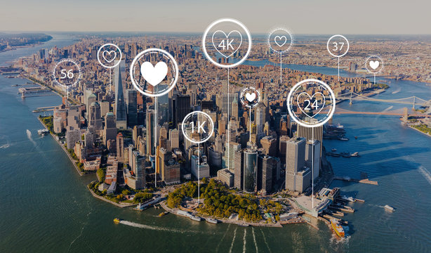 Get more likes concept with aerial view of Manhattan, NY skyline