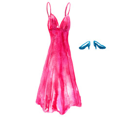 Silk pink dress and blue shoes. Hand drawn watercolor illustration. Isolated on white background.