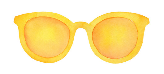 Colorful sunglasses with yellow lens and frame. One single object, closeup, front view. Hand drawn watercolour drawing on white background, cutout clipart element for creative design decoration.