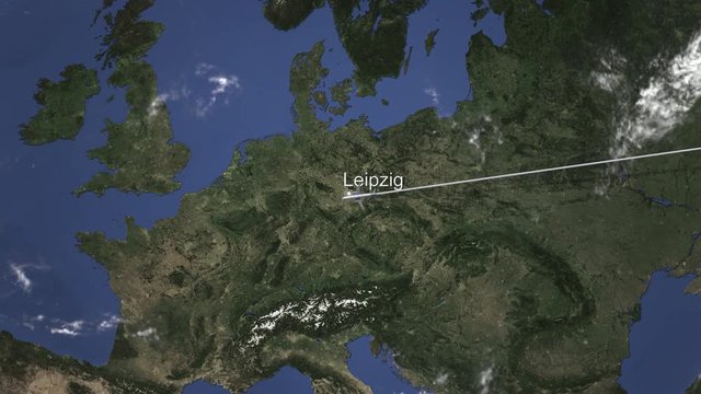 Route of a commercial plane flying to Leipzig, Germany on the map. Intro 3D animation 