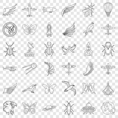 Spaceship icons set. Outline style of 36 spaceship vector icons for web for any design