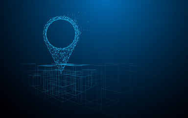 Location pin on Futuristic city diagram on dark blue background