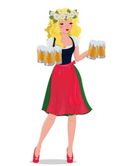 The blonde girl with beer in a traditional dress.Vector illustration.