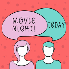 Word writing text Movie Night. Business photo showcasing tells story and that showing watch on screen or television Blank Faces of Male and Female with Colorful Blank Speech Bubble Overlaying