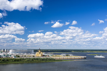 Nizhny Novgorod. Stadium, Alexander Nevsky Cathedral, the Oka river flows into the Volga river....