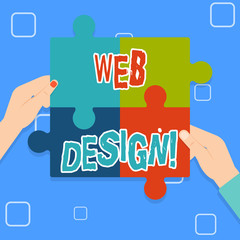 Writing note showing Web Design. Business concept for process of creating websites content production and graphic Multi Color Jigsaw Puzzle Pieces Put Together by Human Hands