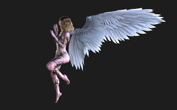 3d Illustration The Heaven Angel Wings, White Wing Plumage Isolated on Black Background with Clipping Path. 