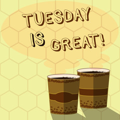 Handwriting text writing Tuesday Is Great. Conceptual photo Excellent second day of the week Good routine Inspiration Two To Go Cup with Beverage and Steam icon Blank Speech Bubble photo