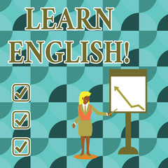 Handwriting text writing Learn English. Conceptual photo gain acquire knowledge in new language by study Businesswoman Holding Stick Pointing to Chart of Arrow Upward on Whiteboard