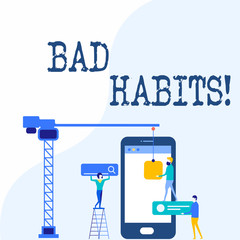 Handwriting text writing Bad Habits. Conceptual photo someone do negative behaviour pattern like smoking stereotyping Staff Working Together for Common Target Goal with SEO Process Icons