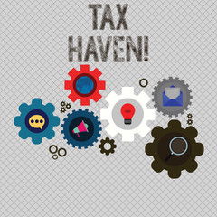 Writing note showing Tax Haven. Business concept for country or independent area where taxes are levied at low rate Set of Global Online Social Networking Icons Cog Wheel Gear