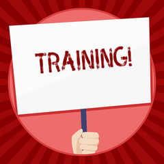 Handwriting text Training. Conceptual photo Organized activity to develop skill set of showing Hand Holding Blank White Placard Supported by Handle for Social Awareness