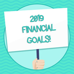 Word writing text 2019 Financial Goals. Business photo showcasing New business strategy earn more profits less investment Hand Holding Blank White Placard Supported by Handle for Social Awareness