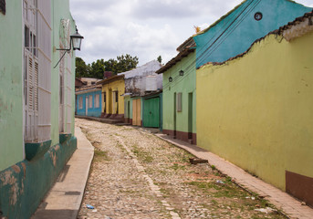 Colorful buildings along the old cobblestone streets of Trinidad, Cuba