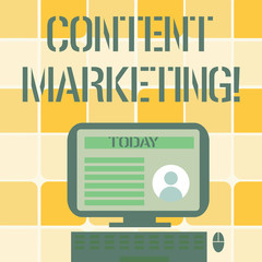 Fototapeta premium Conceptual hand writing showing Content Marketing. Concept meaning involves creation and sharing of online material Computer Mounted on Stand with Online Profile Data on Screen