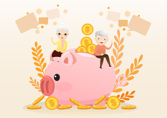 Retirement concept. Old man and woman with golden piggy bank. Carrying retirement savings pink piggy. Saving money for the future. vector, illustration.