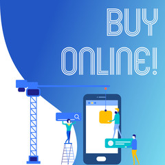Text sign showing Buy Online. Business photo text electronic commerce which allows consumers to directly buy goods Staff Working Together for Common Target Goal with SEO Process Icons