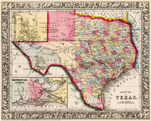 Map of Texas showing counties, first published circa 1863.  I have selected interesting, old 19th and early 20th century graphic images for digital restoration and editing. 