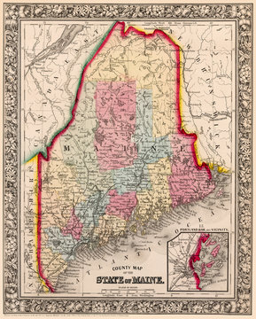 Map of Maine showing counties and Portland Harbor detail, first published circa 1863.  I have selected interesting, old 19th and early 20th century graphic images for digital restoration and editing. 