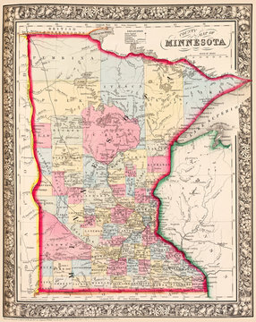 Map of Minnesota showing counties, first published circa 1863.  I have selected interesting, old 19th and early 20th century graphic images for digital restoration.