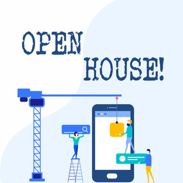 Handwriting text writing Open House. Conceptual photo place or situation in which all visitors are welcome come Staff Working Together for Common Target Goal with SEO Process Icons