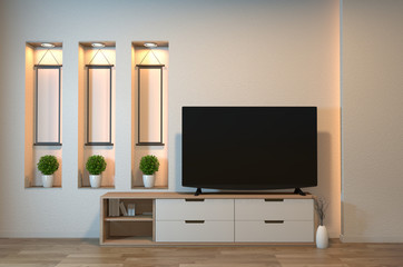 TV cabinet on zen room interior and shelf wall design hidden light, minimalist and zen interior of living room japanese style.3d rendering