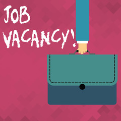 Word writing text Job Vacancy. Business photo showcasing state of being empty or available job to be taken employer Businessman Hand Carrying Colorful Briefcase Portfolio with Stitch Applique