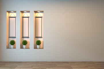 Empty zen room interior background with shelf wall japanese style design hidden light.3d rendering