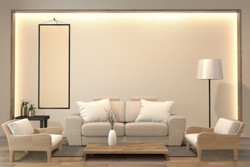 minimal interior design room japanese style with sofa and arm chair and low table design hidden light in shelf wall.3D rendering