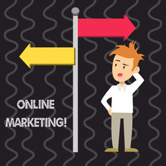 Writing note showing Online Marketing. Business concept for leveraging web based channels spread about companys brand Man Confused with Road Sign Pointing to Opposite Direction