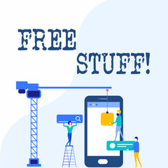 Handwriting text writing Free Stuff. Conceptual photo giveaways offered by vendors trade shows to encourage attendees Staff Working Together for Common Target Goal with SEO Process Icons