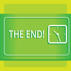 Text sign showing The End. Business photo showcasing Conclusion of time for something ending of life Modern Design of Transparent Square Analog Clock on Two Tone Pastel Backdrop