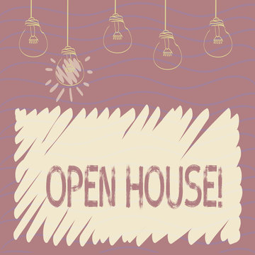 Handwriting text Open House. Conceptual photo place or situation in which all visitors are welcome come Set of Transparent Bulbs Hanging with Filament and One is in Lighted Icon