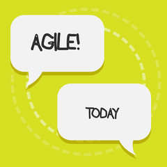 Conceptual hand writing showing Agile. Concept meaning Develop an agility towards technological chnage Blank White Speech Balloons Conversation on Pastel Backdrop