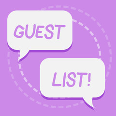 Handwriting text writing Guest List. Conceptual photo showing who are to be admitted to concert or similar event Two Blank White Speech Balloon Engaging in Conversation on Pastel Backdrop
