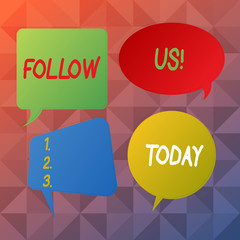 Word writing text Follow Us. Business photo showcasing move behind someone famous or something and go where he goes Blank Speech Bubble Sticker in Different Shapes and Color for Multiple Chat