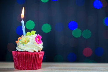 Birthday cupcake with a single blue candle.Cupcake with yellow cream and heart for love valentines.green crown cupcakes with cream cheese frosting and a Color Flower. Beautiful and delicious cupcake.