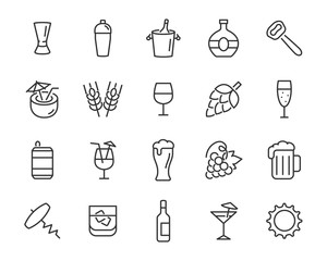 set of alcohol icons, such as wine, champagne, whisky, bar, beer, pub